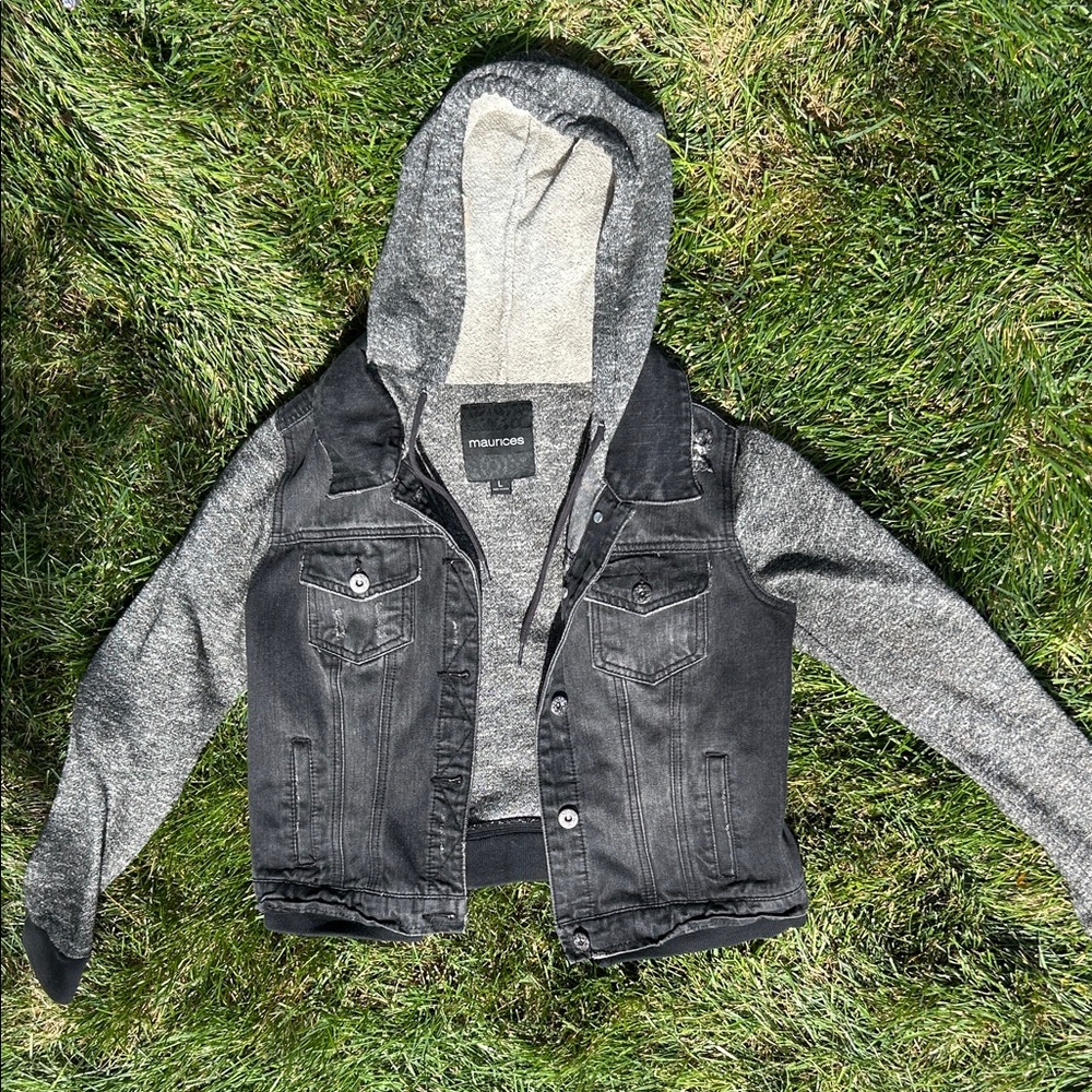 Maurices Black and Gray Denim Jacket with Hood
